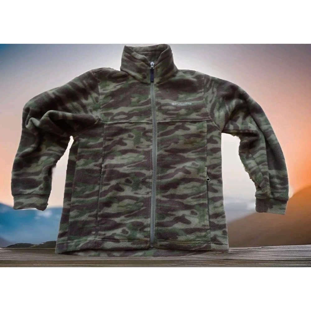Columbia Fleece Jacket Youth 10/12 Green Camo Excellent Full Zip Camouflage